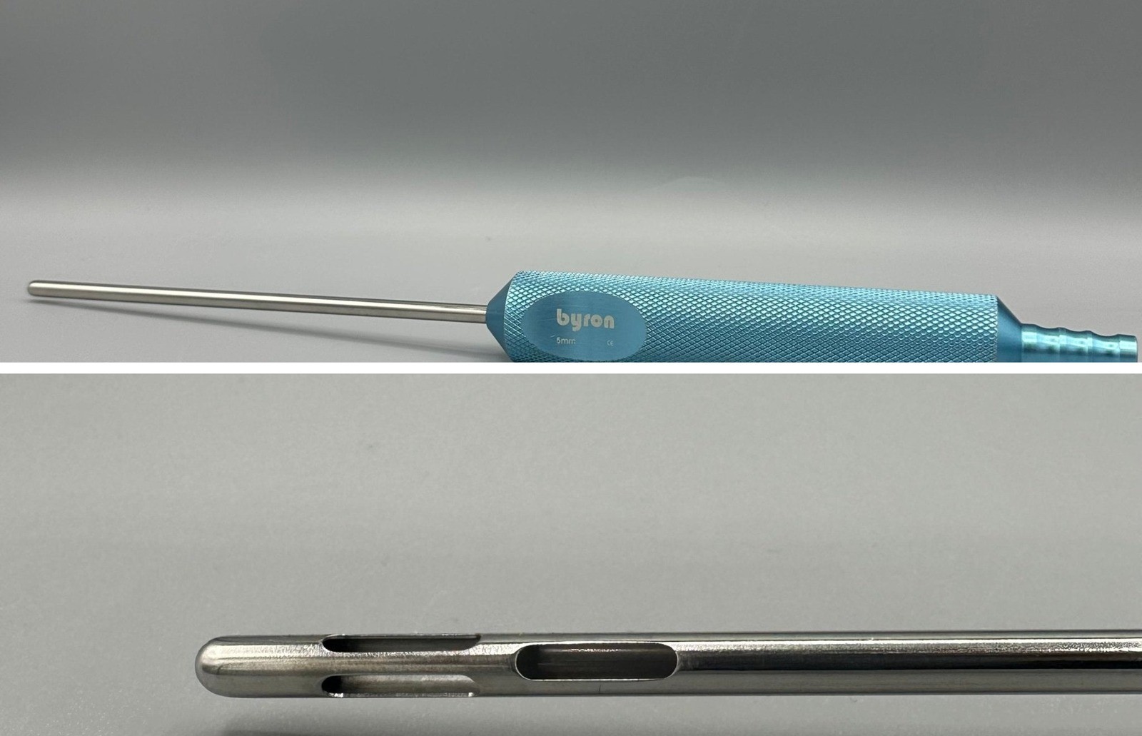 Example of an SAL cannula with a handle — a cannula with a handle attached behind the metal tube; below, a cannula tip that is rounded with holes on the side
