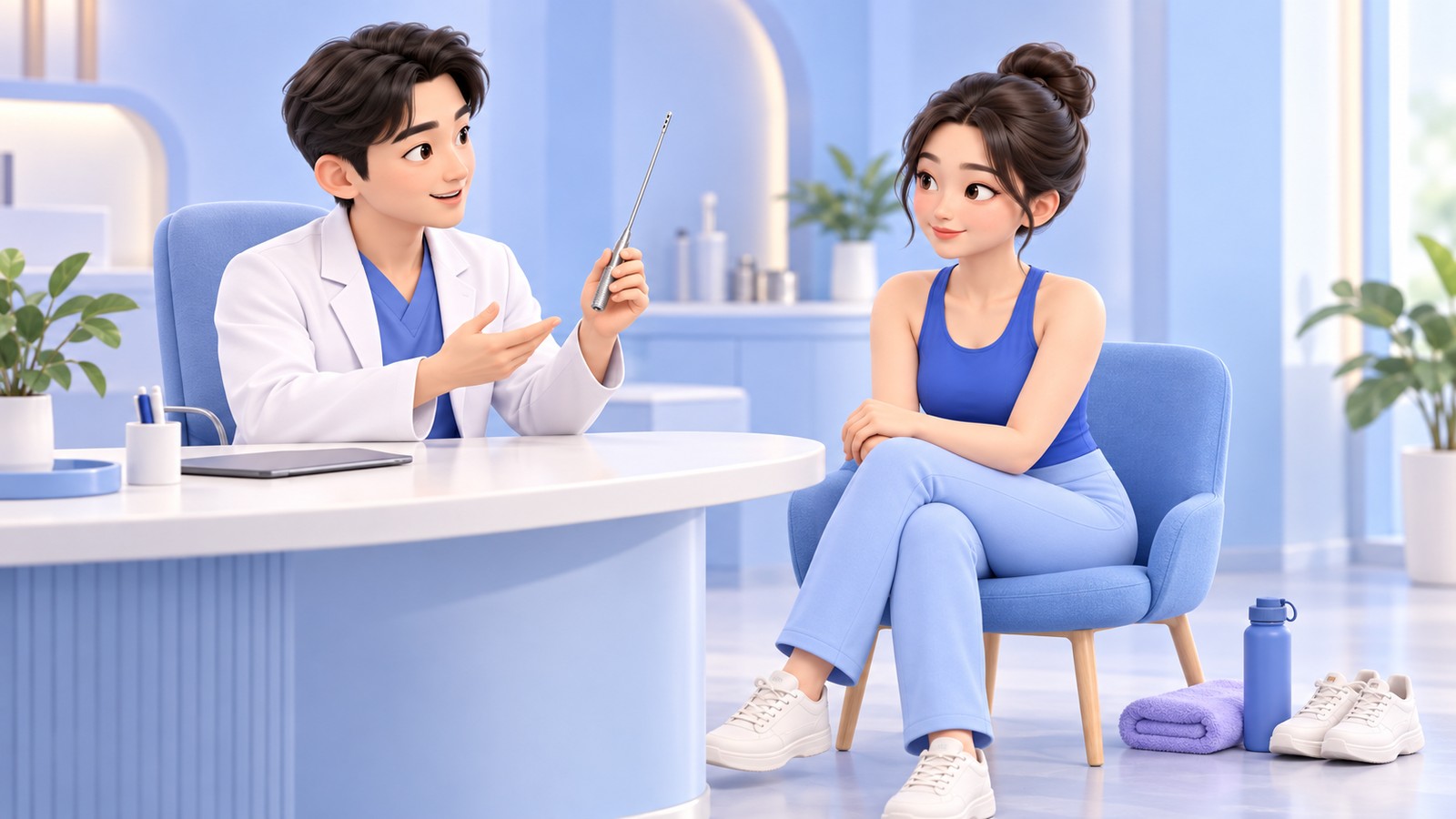 A doctor holding a thin hand-held cannula and explaining SAL liposuction to a patient