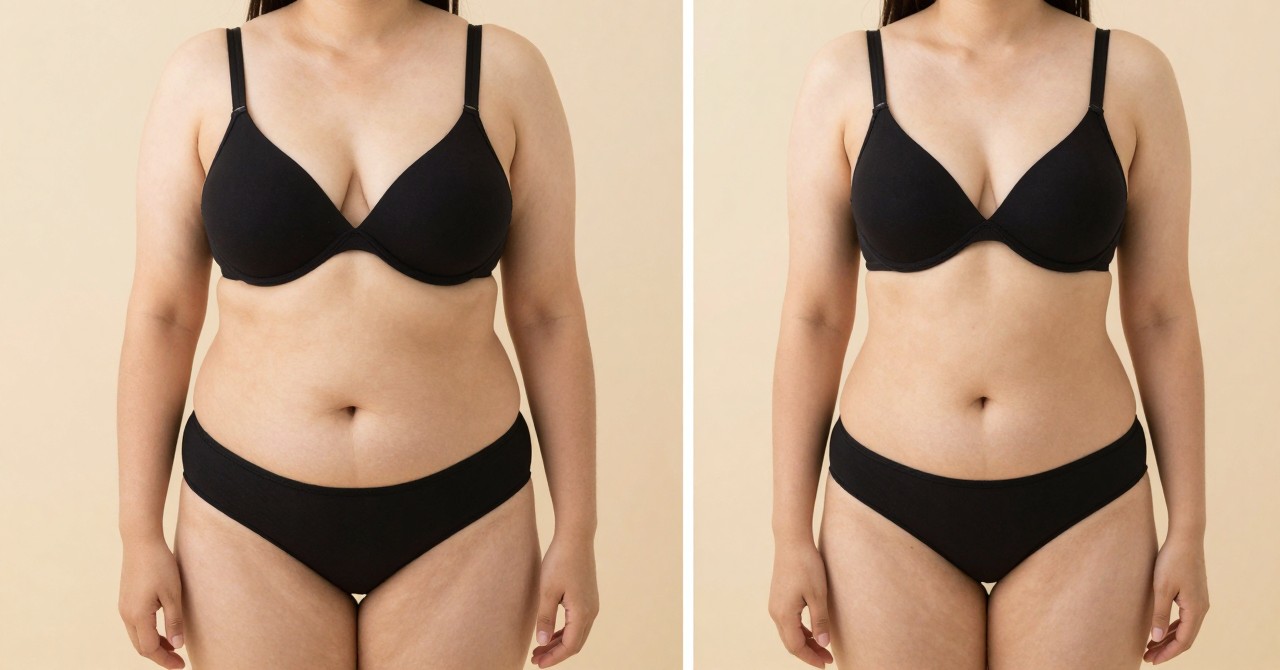 Virtual before-and-after front illustration of the breasts and armpits — large breasts sitting slightly low with fuller sides of the chest (left), and smaller breasts sitting slightly higher (right)