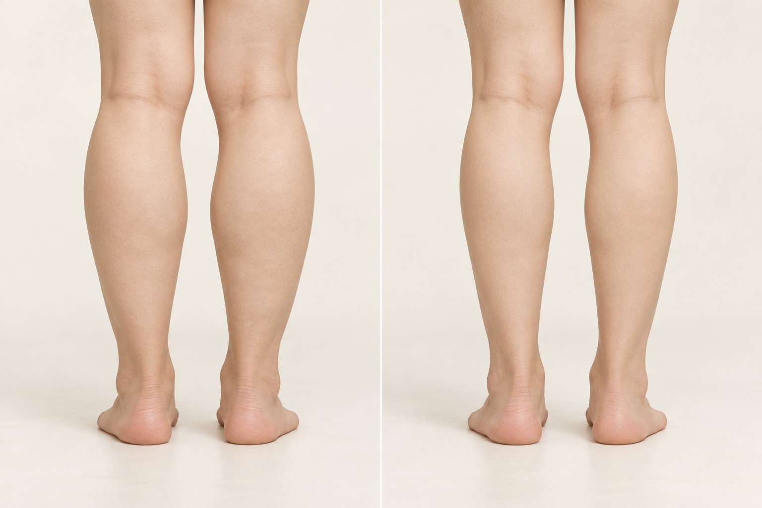Virtual before-and-after illustration of the back of the calves — thick calves with an uneven surface (left) and slimmer calves with a smooth line (right)
