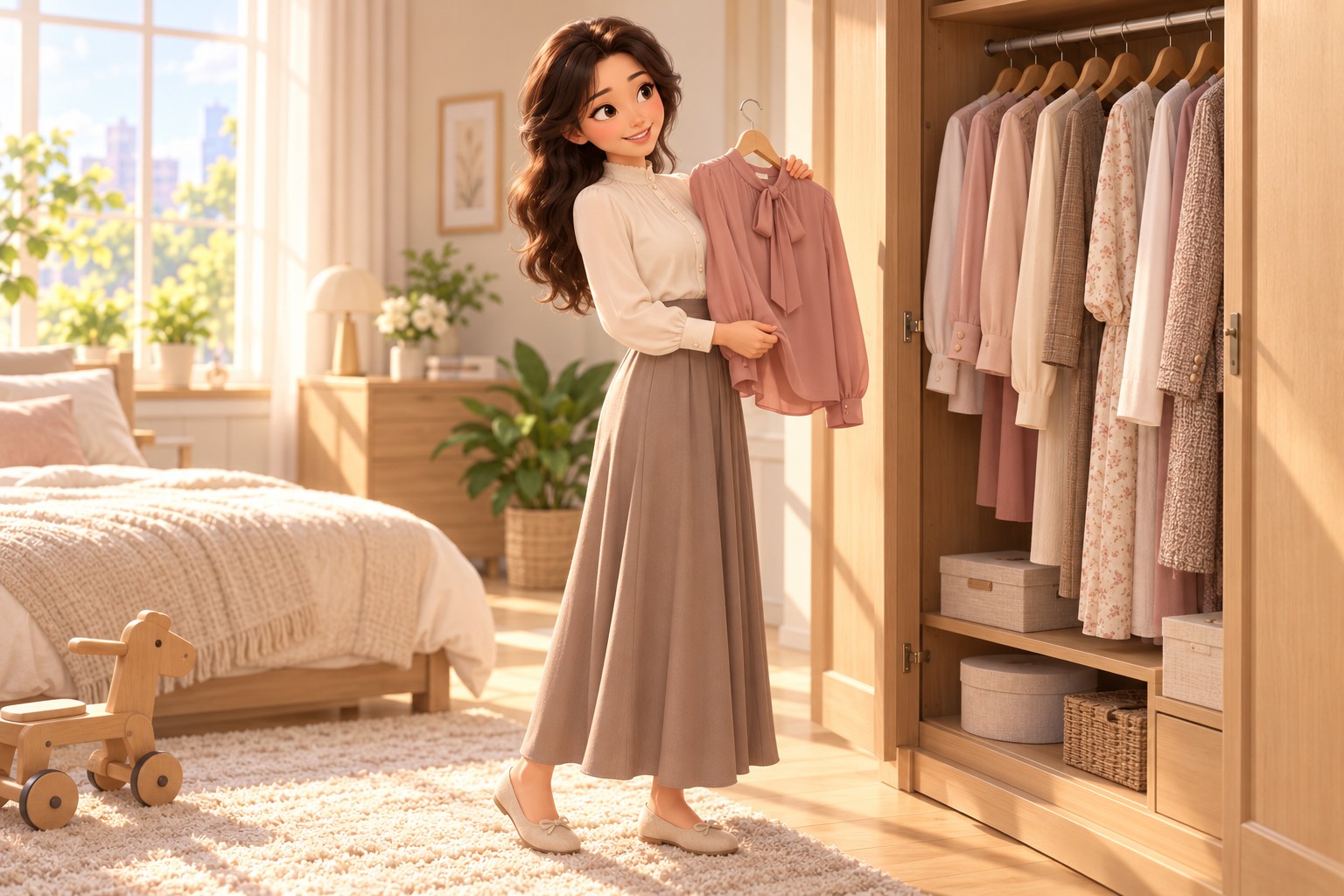 Smiling while holding up a new blouse
