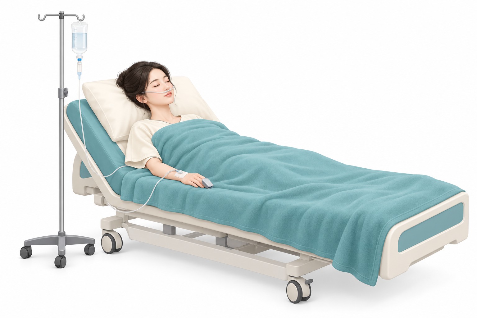 Illustration of a patient sleeping comfortably under sedation with a pulse oximeter