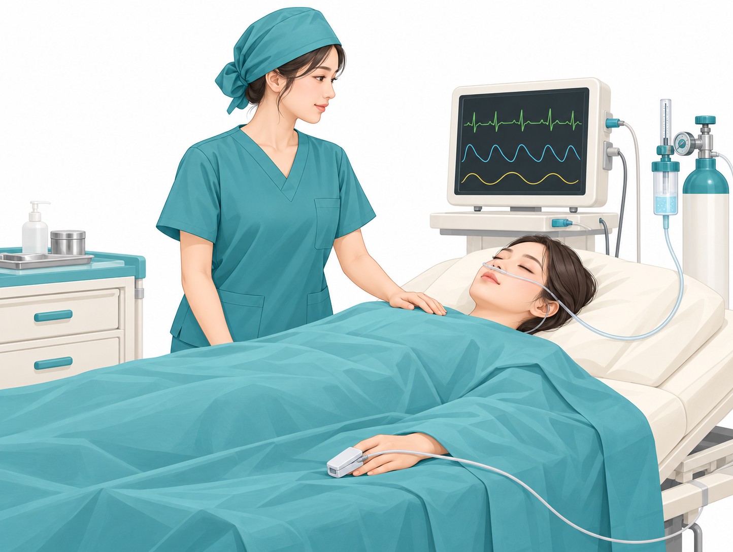 Illustration of a nurse checking a patient's breathing and monitor during sedation
