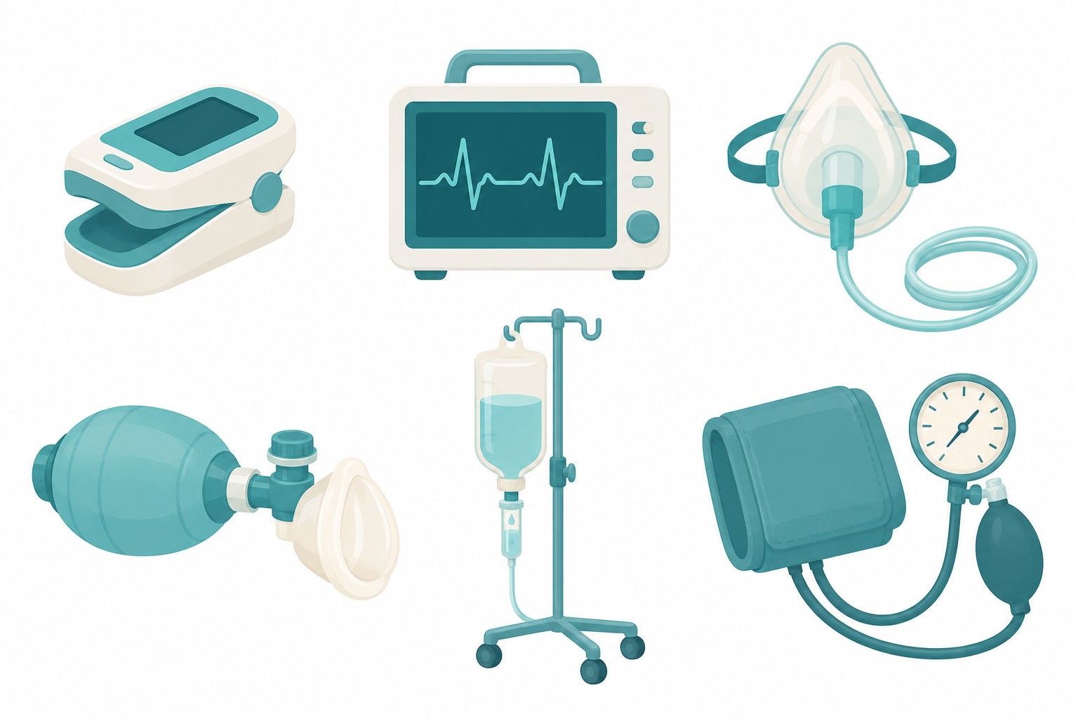 Sedation monitoring equipment — icons of a pulse oximeter, patient monitor, oxygen mask, Ambu bag, IV fluids, and blood pressure cuff
