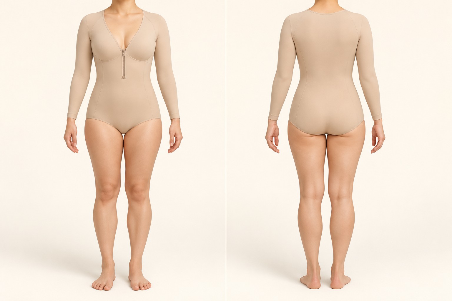 Front and back views of an upper-body compression garment for the arms and breasts