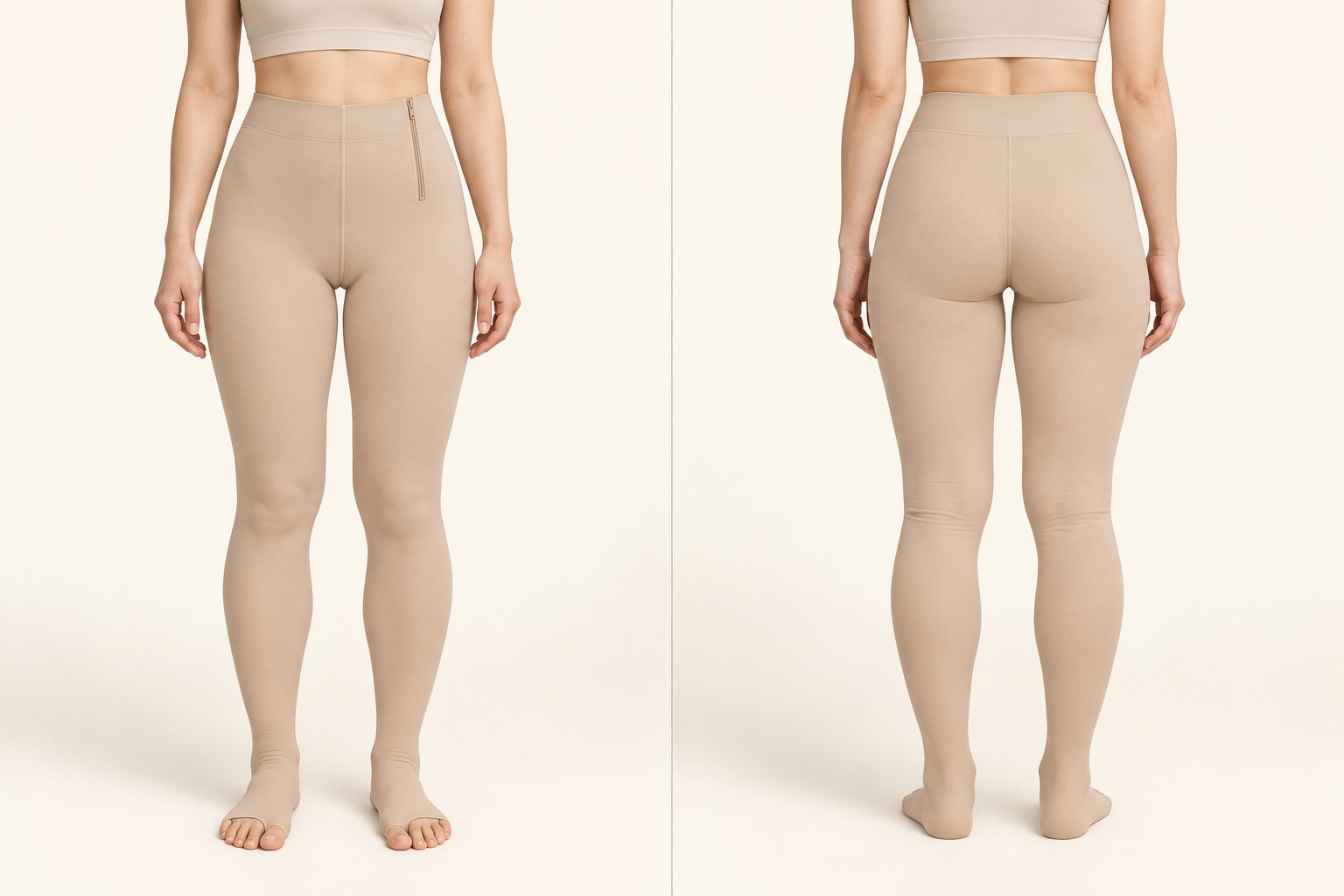 Front and back views of a calf compression garment — compression down to the feet with only the toes exposed