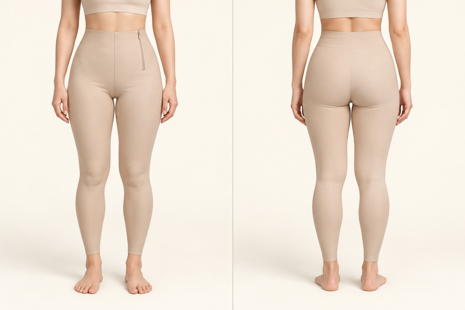 Front and back views of a thigh compression garment — compression down to the ankles