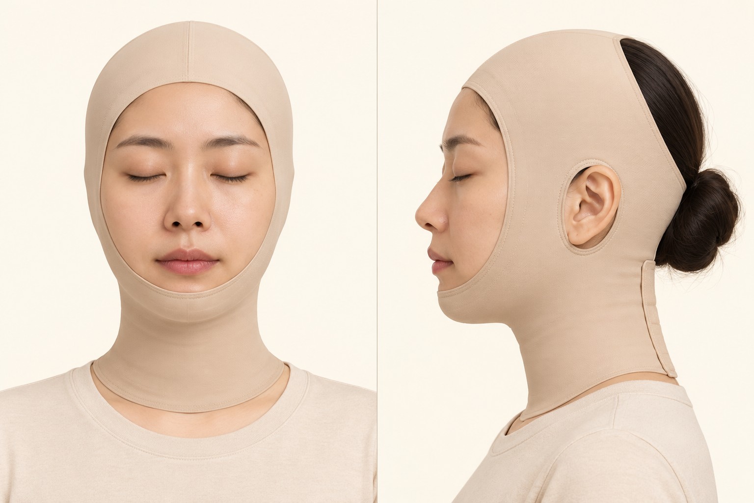 Front and side views of a compression garment worn after face, chin and neck liposuction