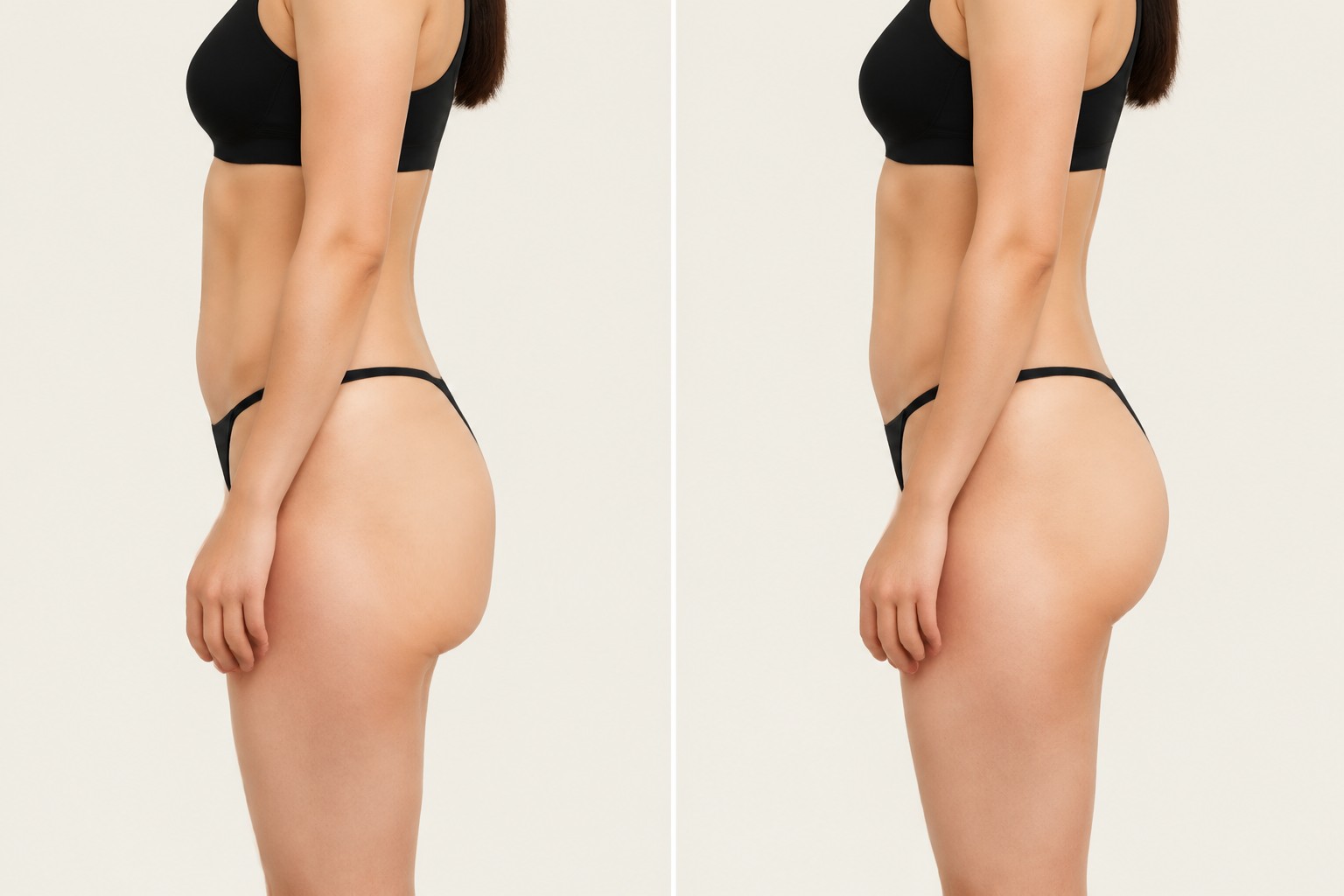 Simulated illustration comparing a sagging lower buttock when the compression garment has slipped down and a lower buttock supported from below