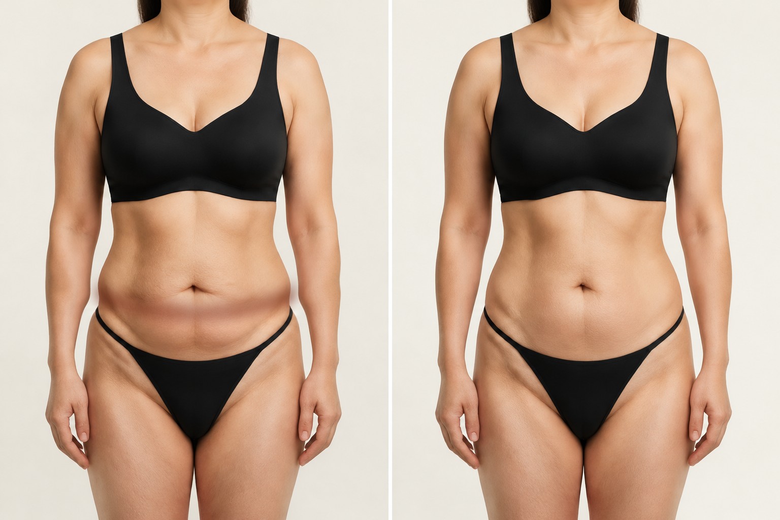 Simulated before-and-after illustration of a horizontal lower-abdominal depression caused by prolonged sitting and a lower abdomen made flat after revision surgery