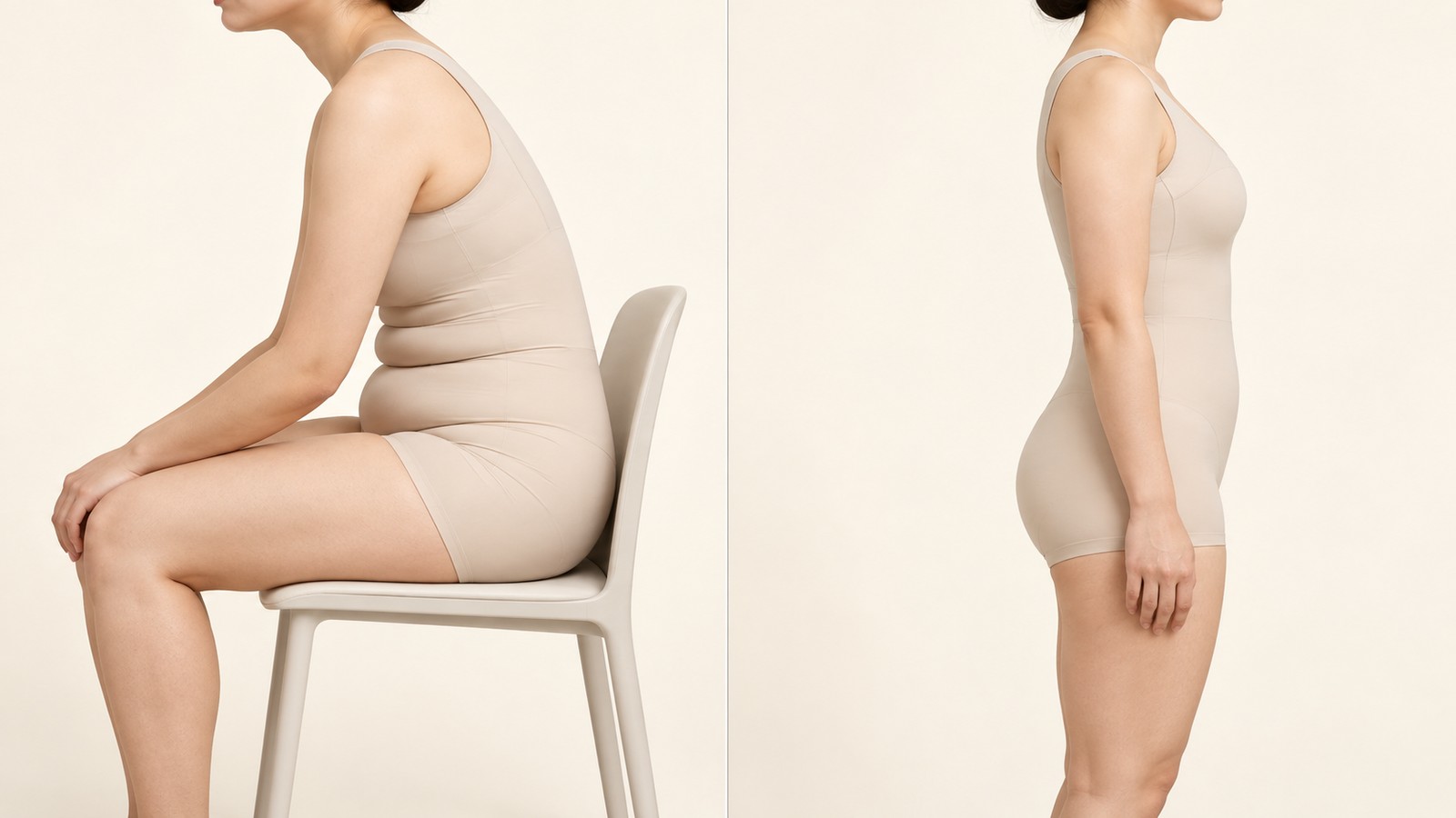 Comparison of the lower abdomen when sitting hunched for a long time and when standing upright